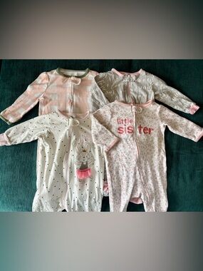 Bundle of 4 Baby Girl 3-6 Months Zip Up Footed Pajamas 100% Cotton Sleepers